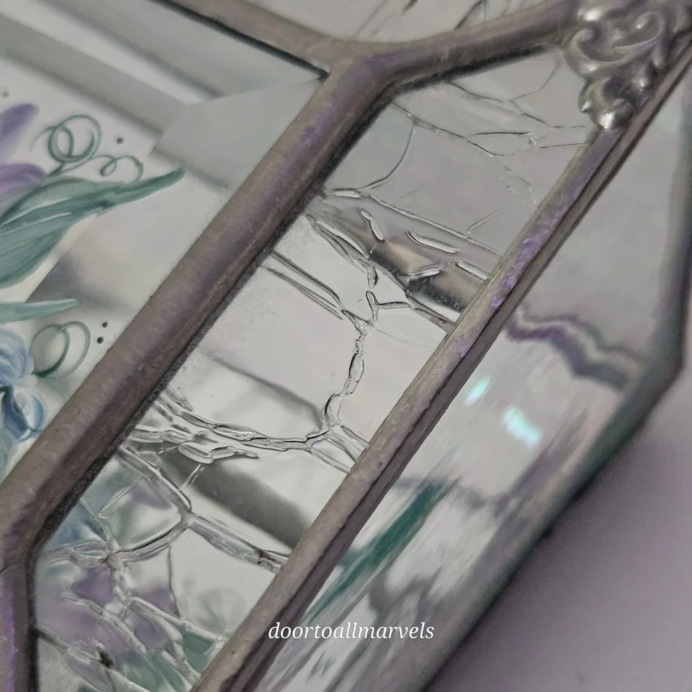 VTG Hand Painted Iridescent Glass Case Jewelry Box Signed Ingles '94 Art Nouveau